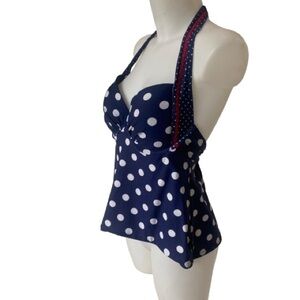 La Vie en Rose Aqua Navy Blue White Polka Dots Push Up Padded Halter Tankini XL